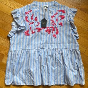 Blue striped with coral embroidery….puff sleeves